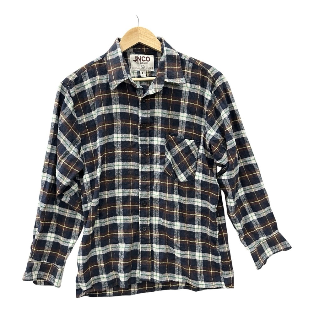 JNCO Flannel Shirt Size L Blue Plaid Overshirt‎ Grunge 90's Skater Y2K Button Up